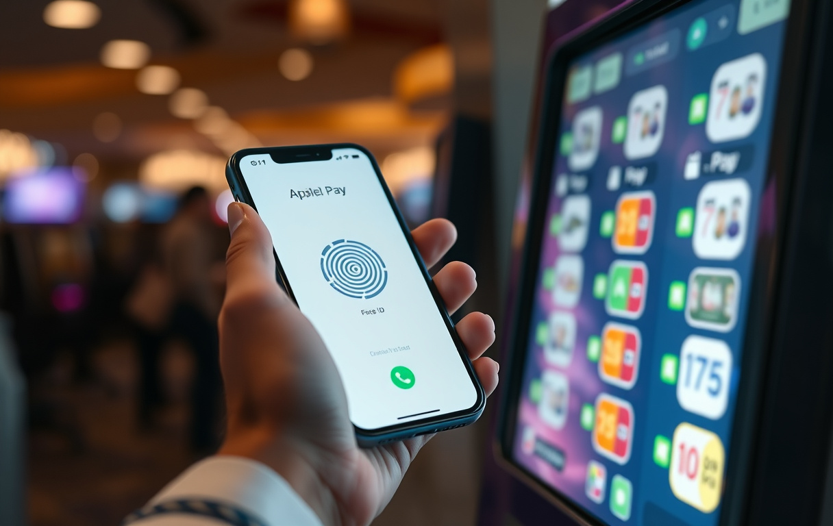 Person som bruker Apple Pay på iPhone for innskudd på et nettcasino
