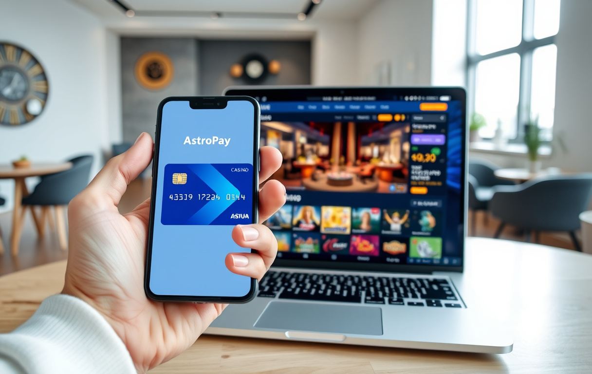 Person som holder en mobil med AstroPay-kort og en laptop med casino i bakgrunnen