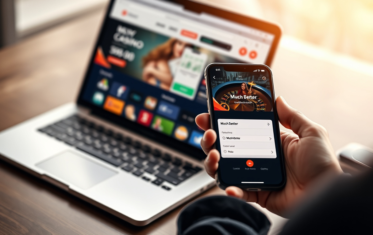 Person som bruker MuchBetter-appen på mobilen ved siden av en datamaskin med casinoets kasse