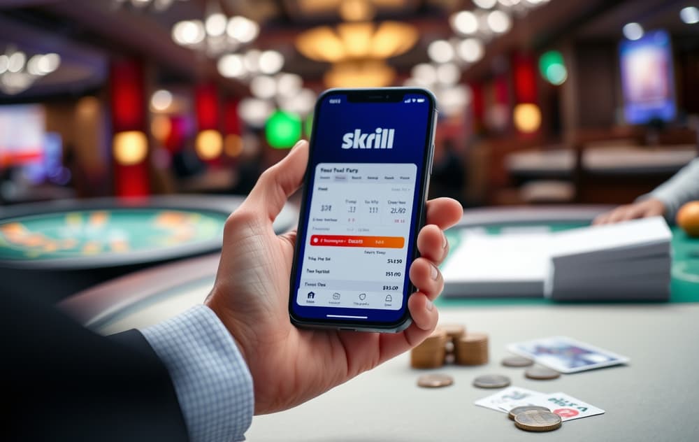 En person holder en mobiltelefon med Skrill-appen åpen, med et casino i bakgrunnen og spillkort og mynter på bordet.
