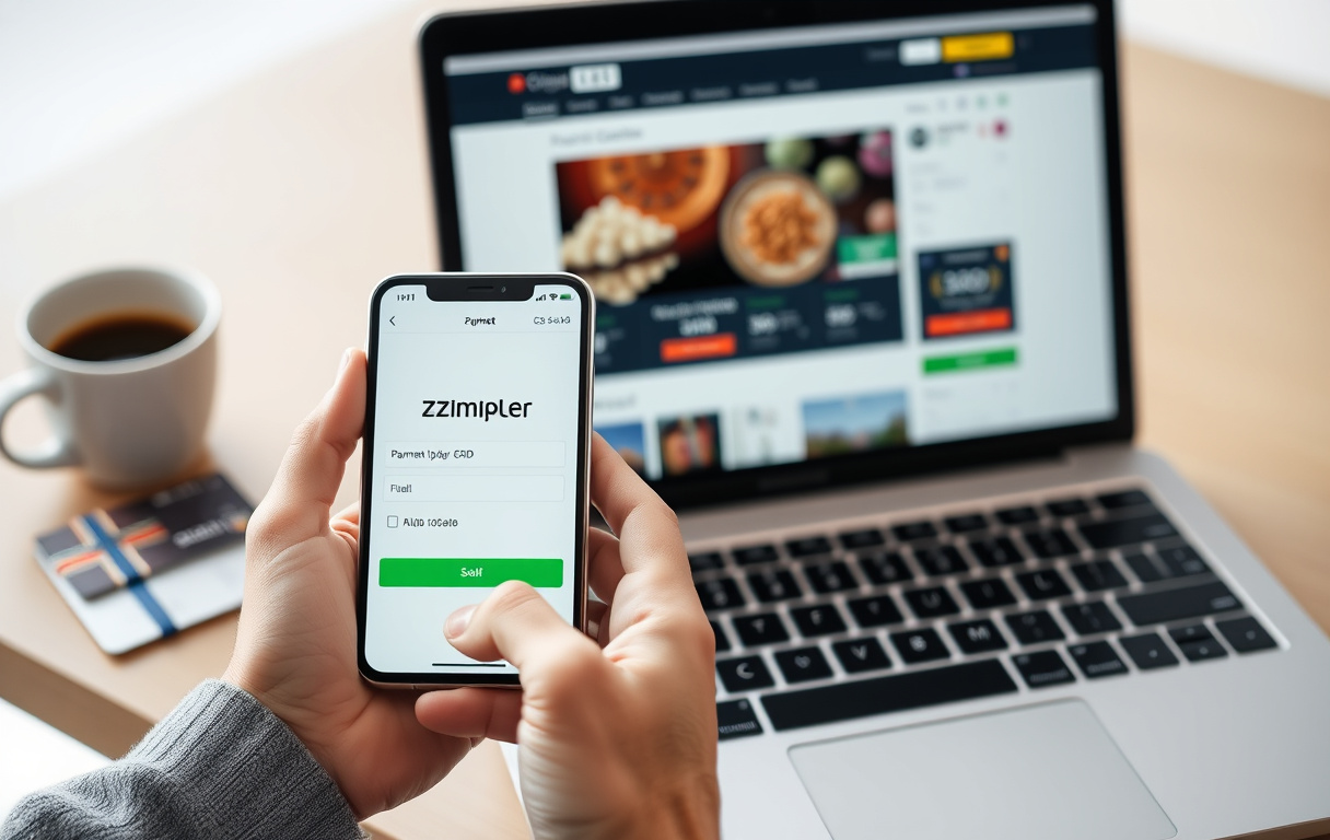 Person som betaler med Zimpler på mobilen foran en datamaskin med casino i bakgrunnen.