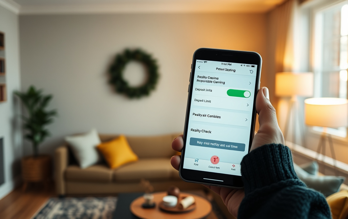 Person som holder mobiltelefon med ansvarlig spilling-innstillinger synlig på skjermen, i en stue