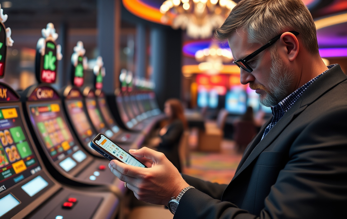 Person som sjekker casinoets lisensinformasjon på mobiltelefon