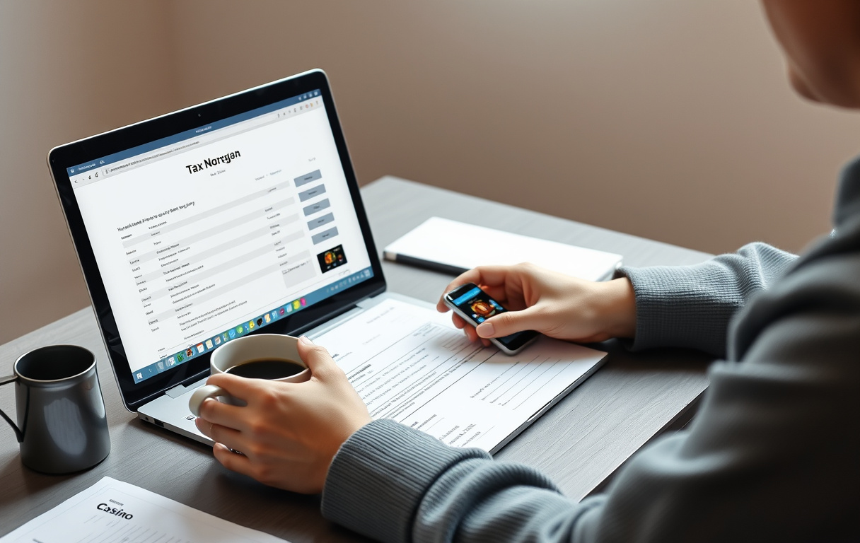 En person som fyller ut skattemelding på laptop med en kaffekopp og mobiltelefon som viser en casino-app ved siden av.