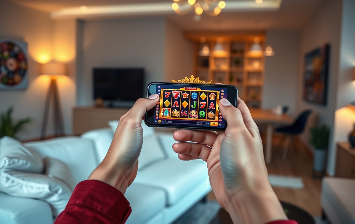 Person som spiller på mobilcasino i stuen, skjermen viser spilleautomater