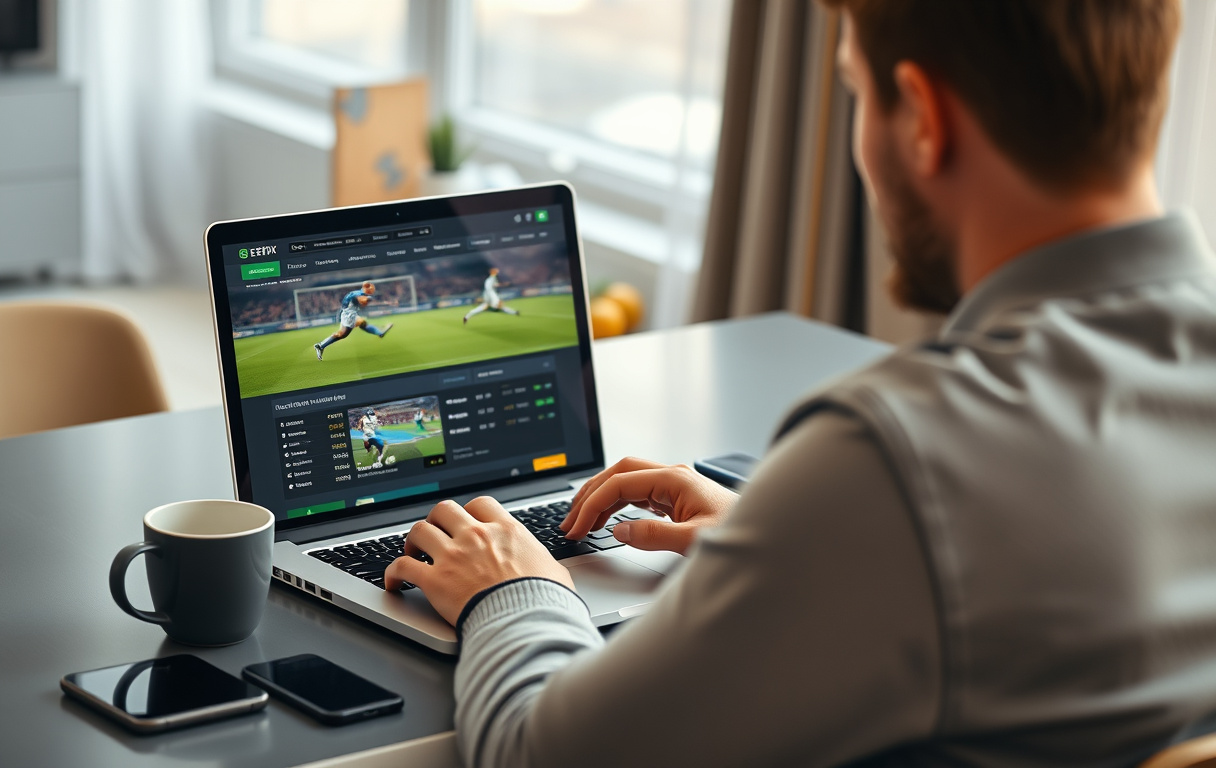 Person som sjekker odds på en bettingside på laptop, med mobil og kaffekopp.
