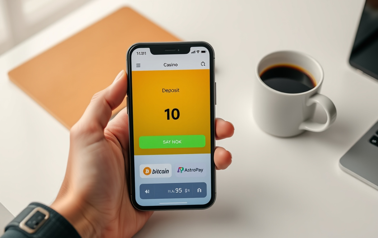 Mobiltelefon med casino-app som viser innskudd på 10 norske kroner.