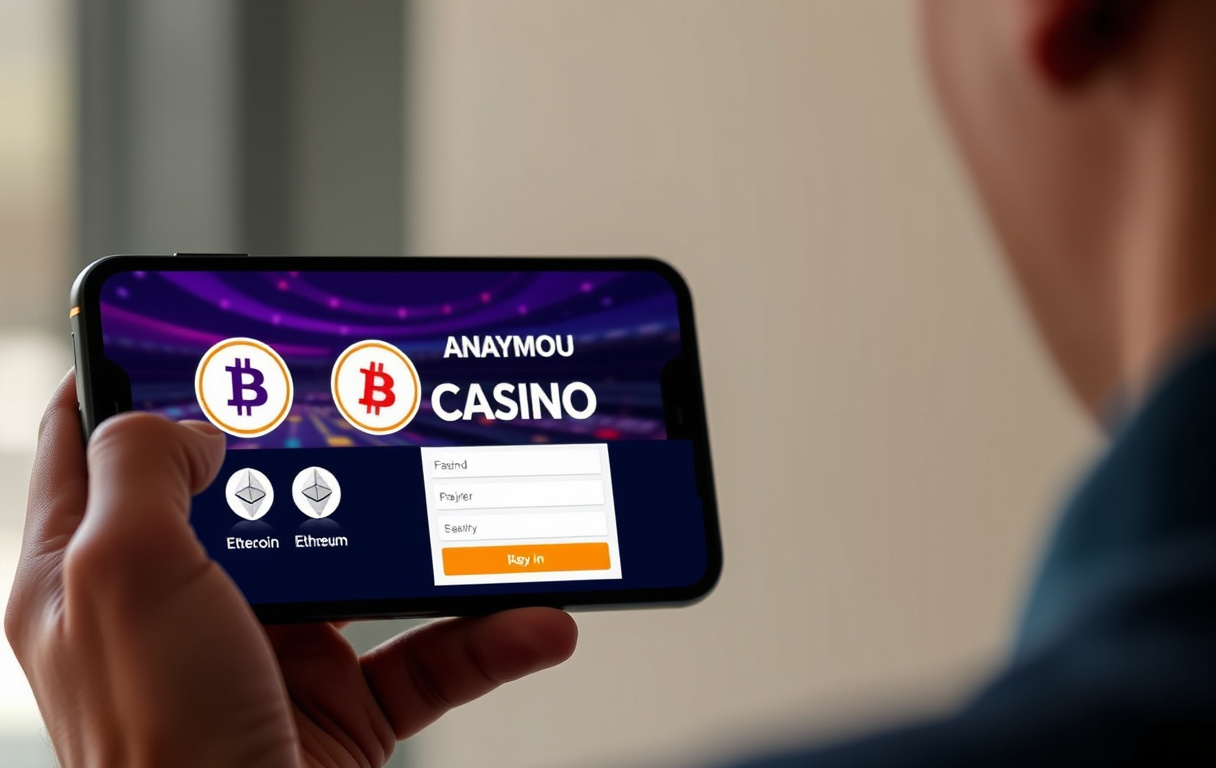 Person med smarttelefon som viser et kryptocasino uten registreringsskjema, med Bitcoin- og Ethereum-logoer.