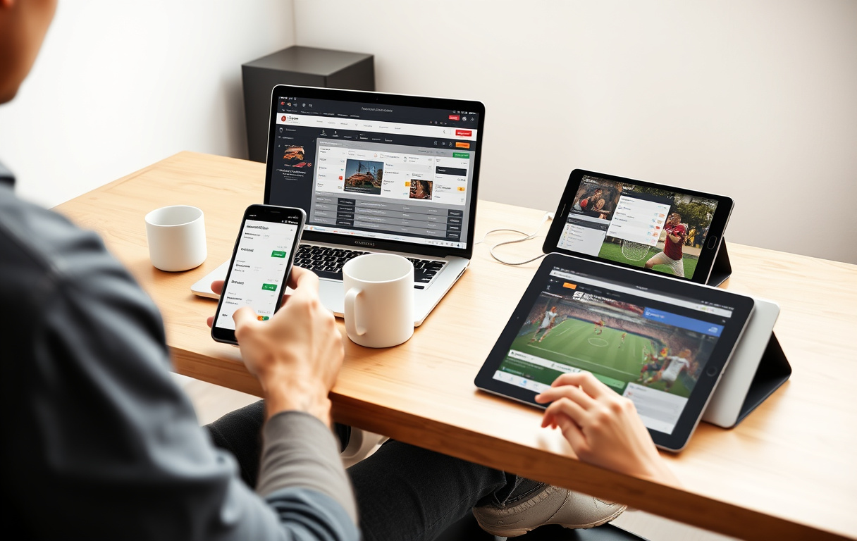 Person som sammenligner fotball odds på flere skjermer ved et skrivebord