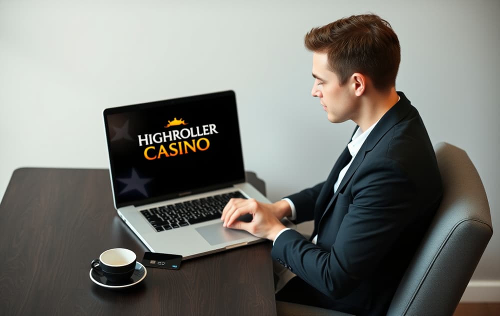 Sammenligning av Highroller Casino med fokus på lisens og bonusvilkår – person sjekker nettsiden.