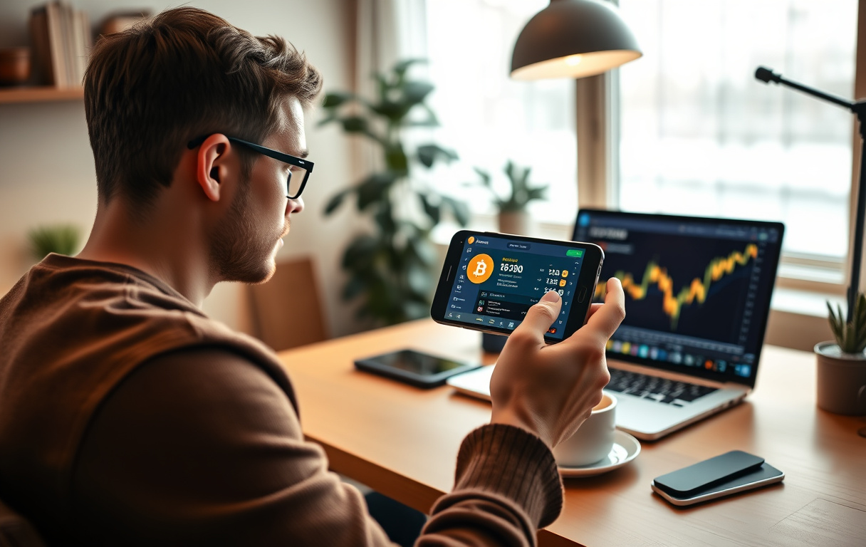 Person som spiller på kryptocasino via mobiltelefon med Bitcoin-lommebok åpen på laptop.