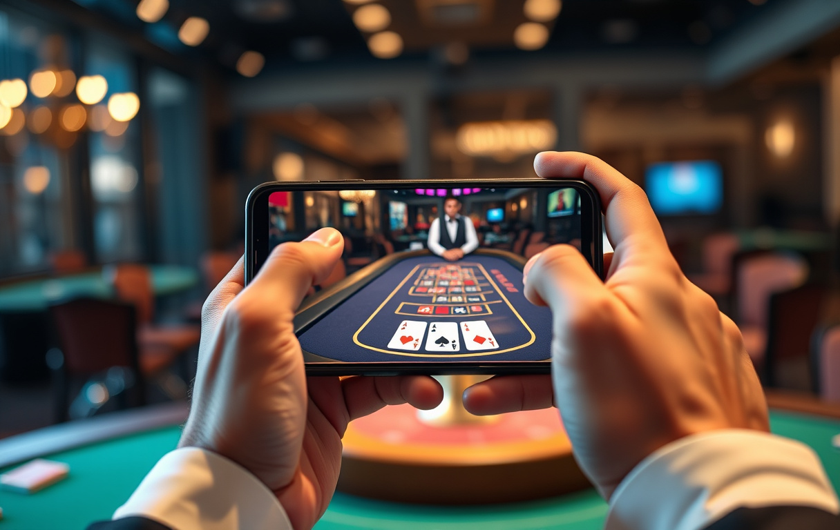 Person som spiller live blackjack på mobil med ekte dealer på skjermen