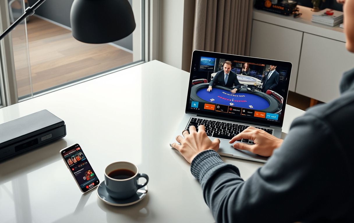 Person spiller live blackjack på laptop med norsk dealer – moderne og rolig setting
