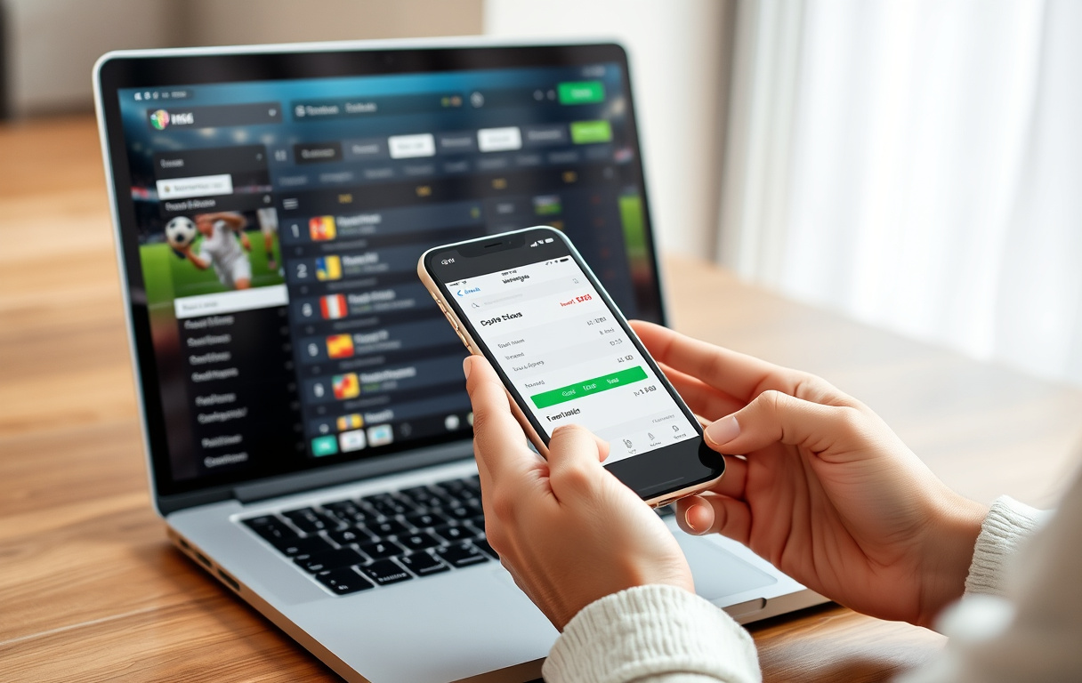 Person som satser på en fotballkamp via en ny bettingside, med laptop og mobil synlig.