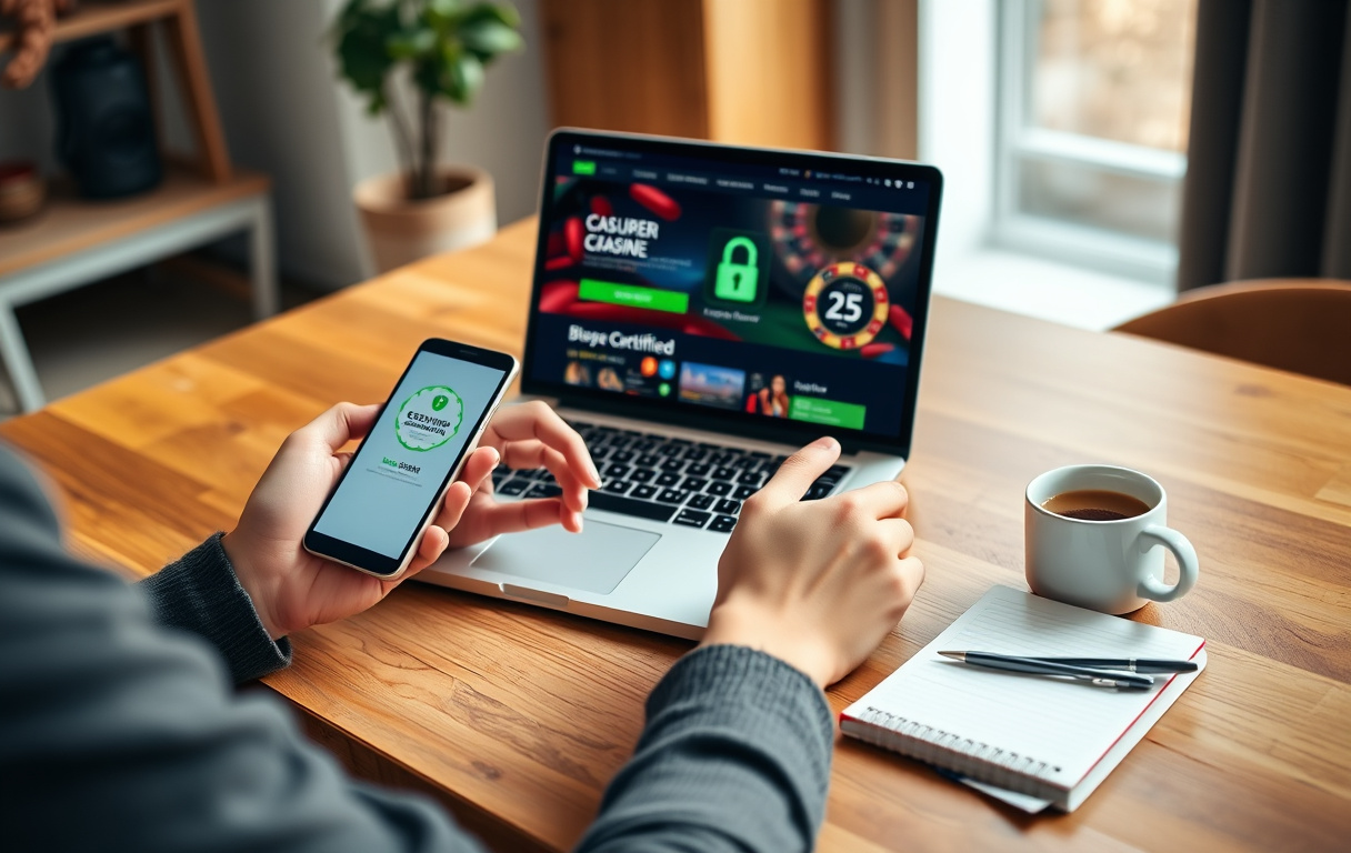 En person som sjekker sikkerheten til et nettcasino på en laptop, med en kopp kaffe og notatblokk
