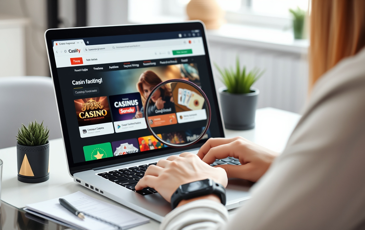 Person som sammenligner casinoer på PC med forstørrelsesglass