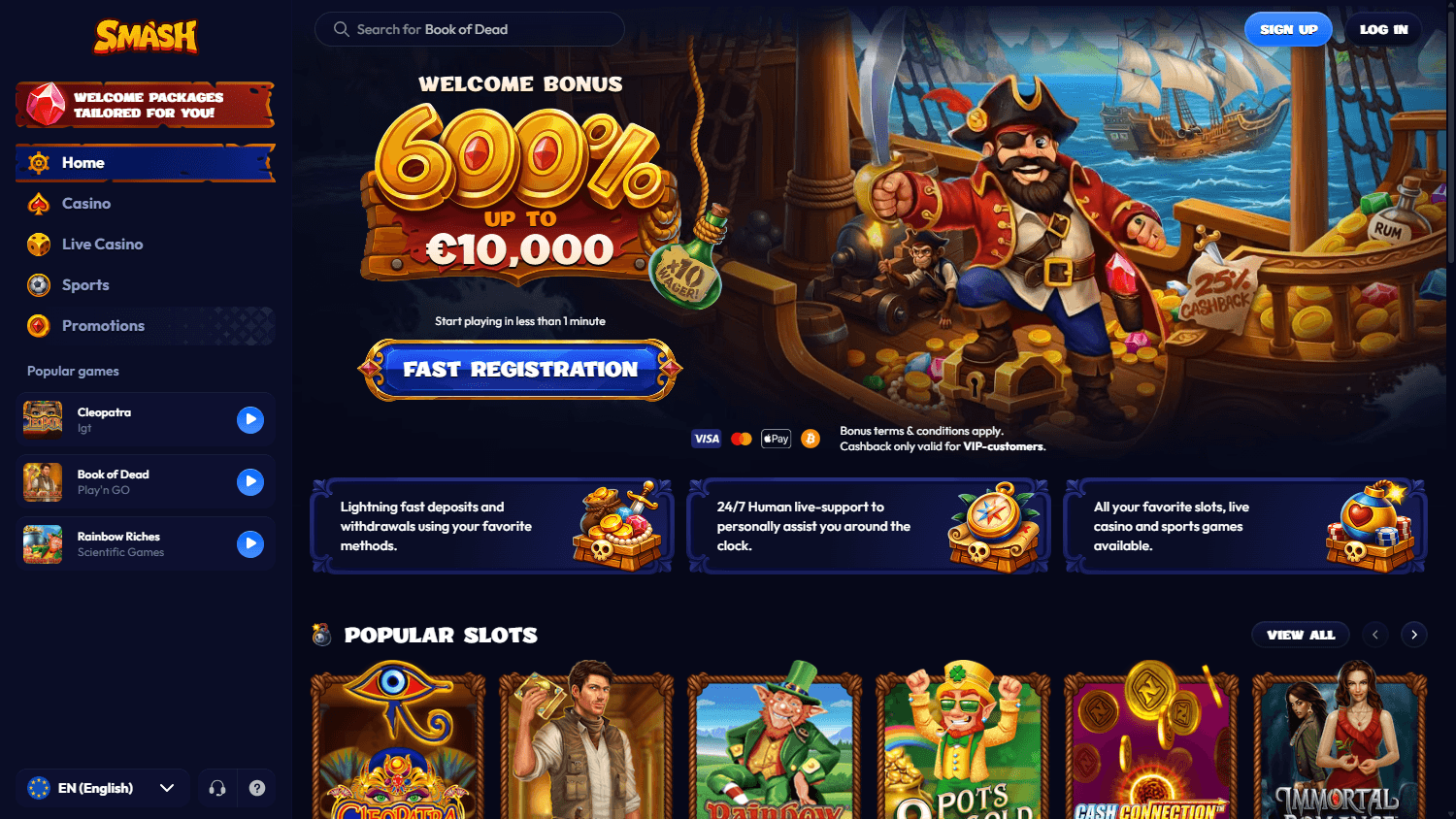 Smash Casino – skjermbilde fra nettsiden