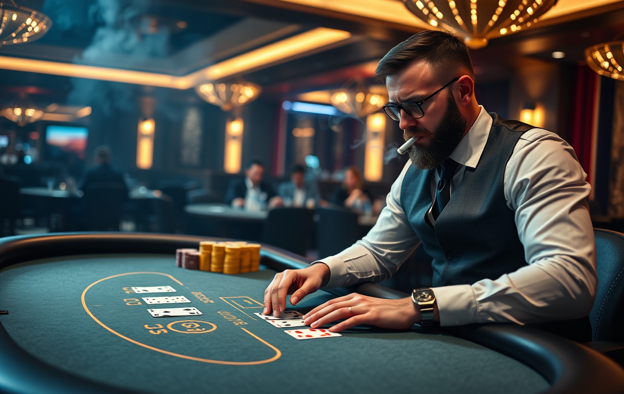 Live dealer blackjack-bord med grønt filt, kort og dealer i smoking.