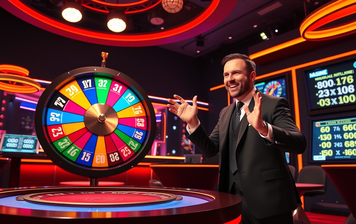 Live casino-studio med det fargerike Crazy Time-hjulet og en entusiastisk programleder.