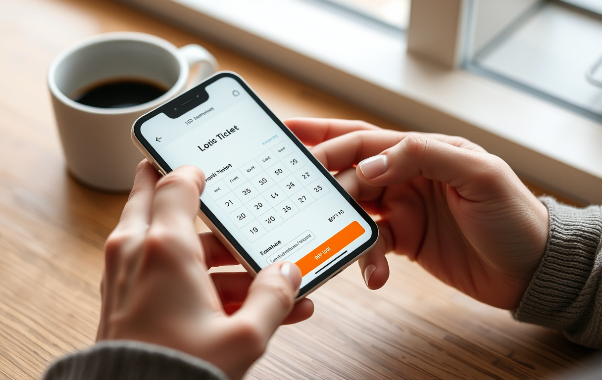 Person som spiller lotto på mobilen med en kopp kaffe på bordet