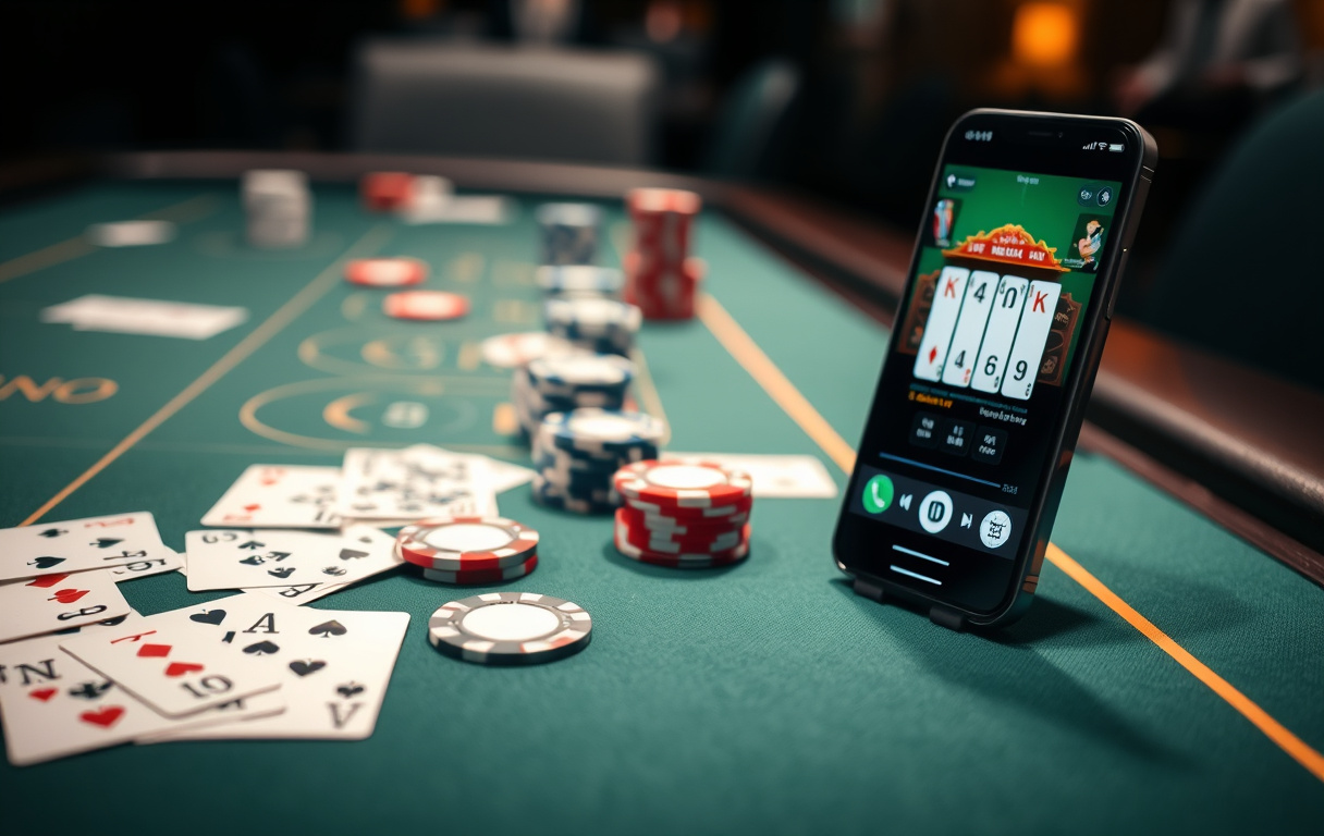 Pokerbord med sjetonger og kort, smarttelefon med poker-app ved siden