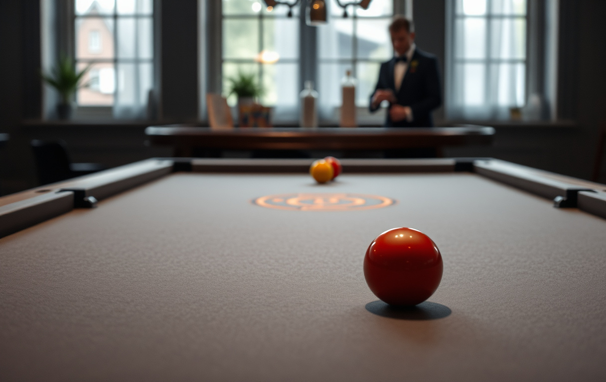 Rulettbord med ball i lomme og croupierhånd